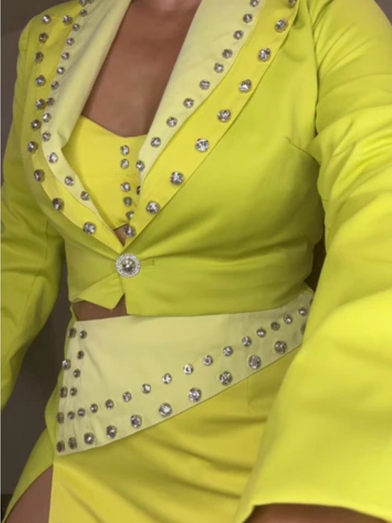 Lizette Collection Dresses & Skirts - 3PC Lime Yellow Rhinestone Embellished Blazer, Bralette & Mini Skirt Set NWT